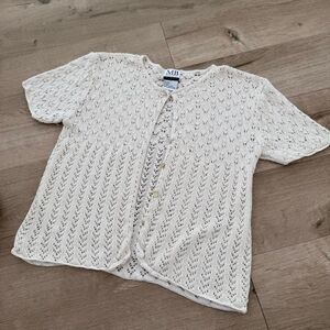 MB Designs Cream Crochet Short Sleeve Silk Blend Cardigan Women's Large Grandma